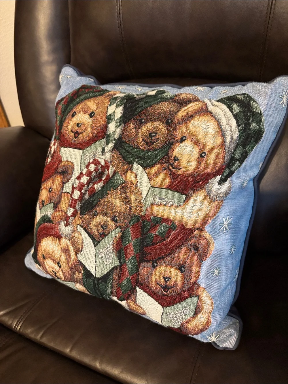 Vintage & Festive Teddy Bears Throw Pillow - Blue